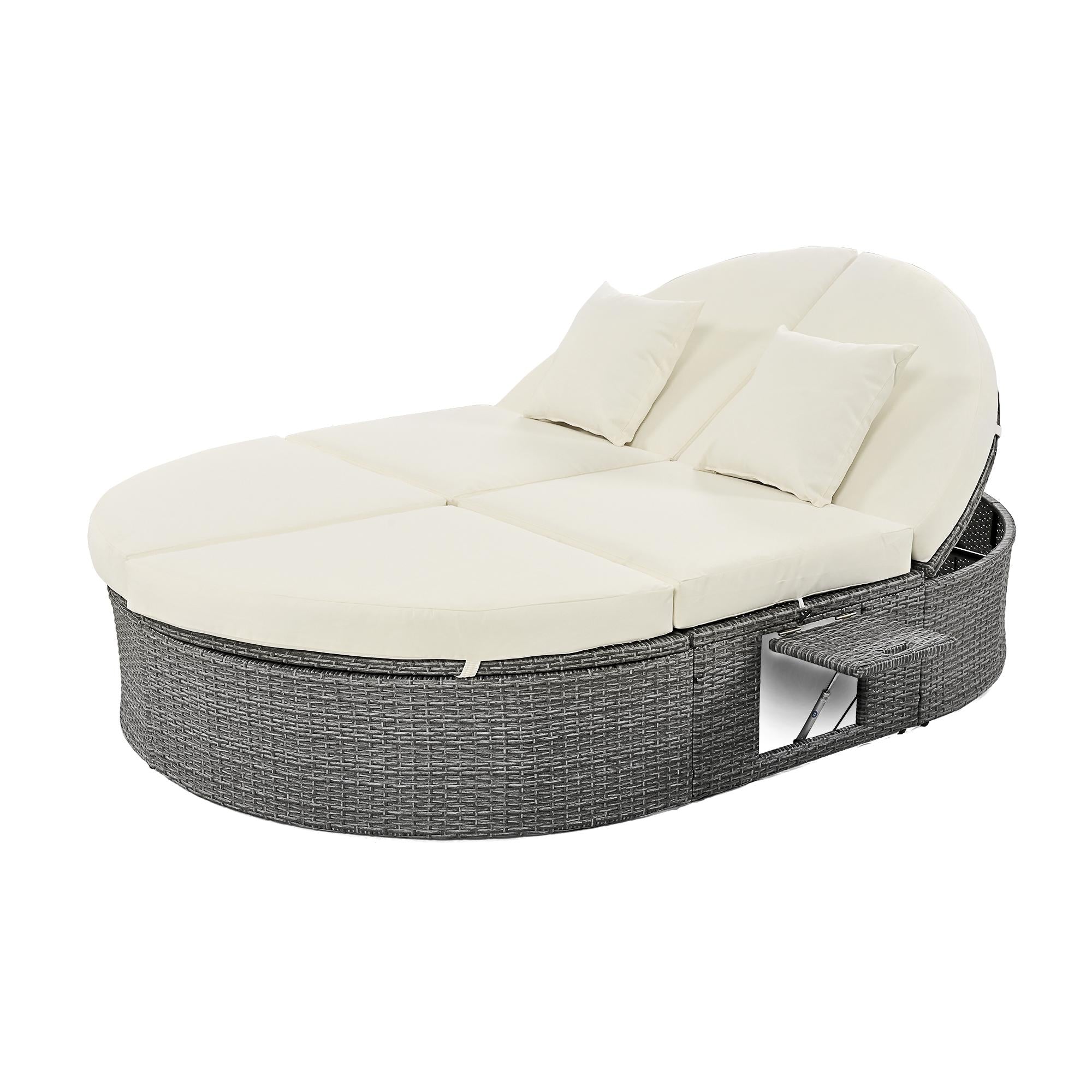 2-Person Patio Daybed with Adjustable Backrest & Cup Tray, Wicker Chaise Lounge with Thick Cushion, 78.5'' L x 55.5'' W x 16.5'' H, Beige