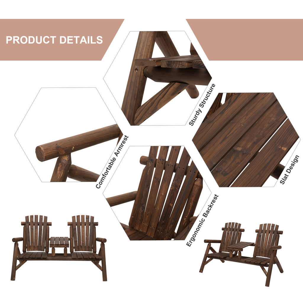Wood Adirondack Patio Chair Bench with Center Coffee Table, Perfect for Lounging and Relaxing Outdoors Carbonized