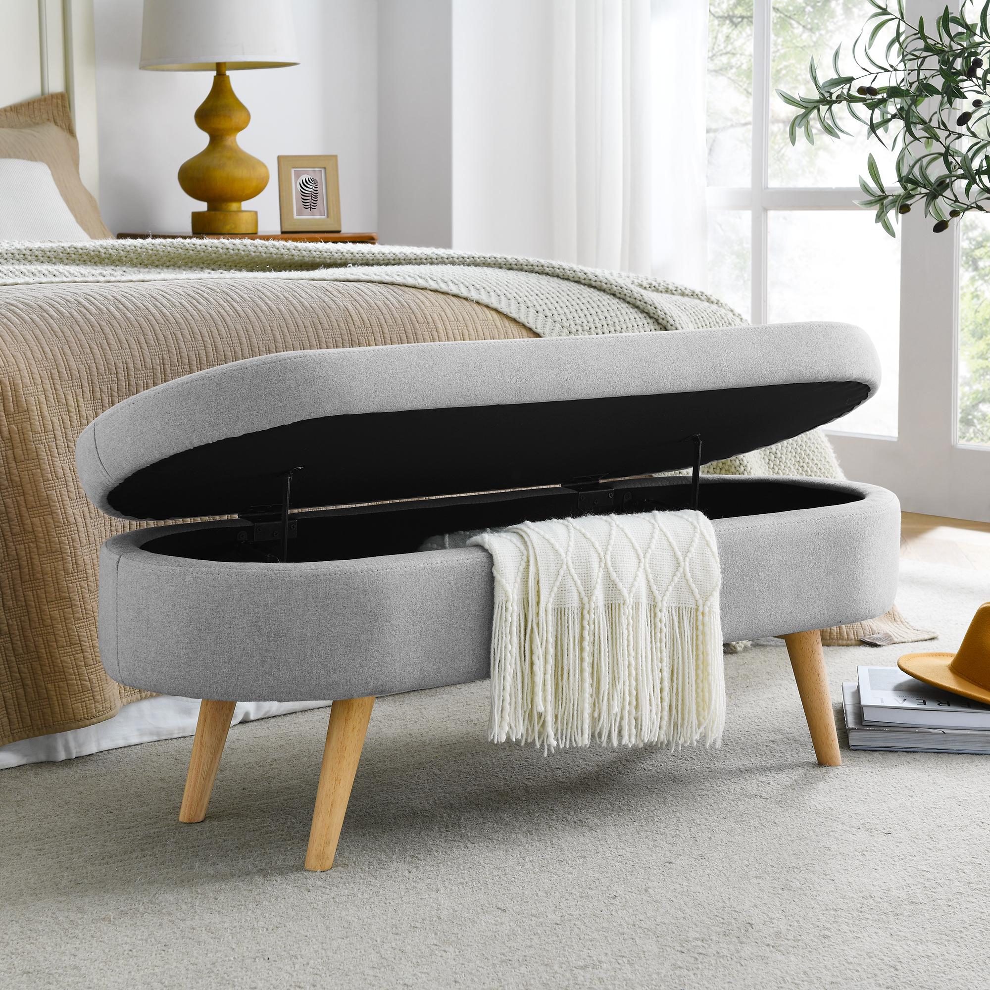 Oval Storage Ottoman Bench with Linen-Upholstered Pleated Fabric, Multiuse Footstool and Seat for Living Room, 43.5" L x 16" W x 16" H, Grey
