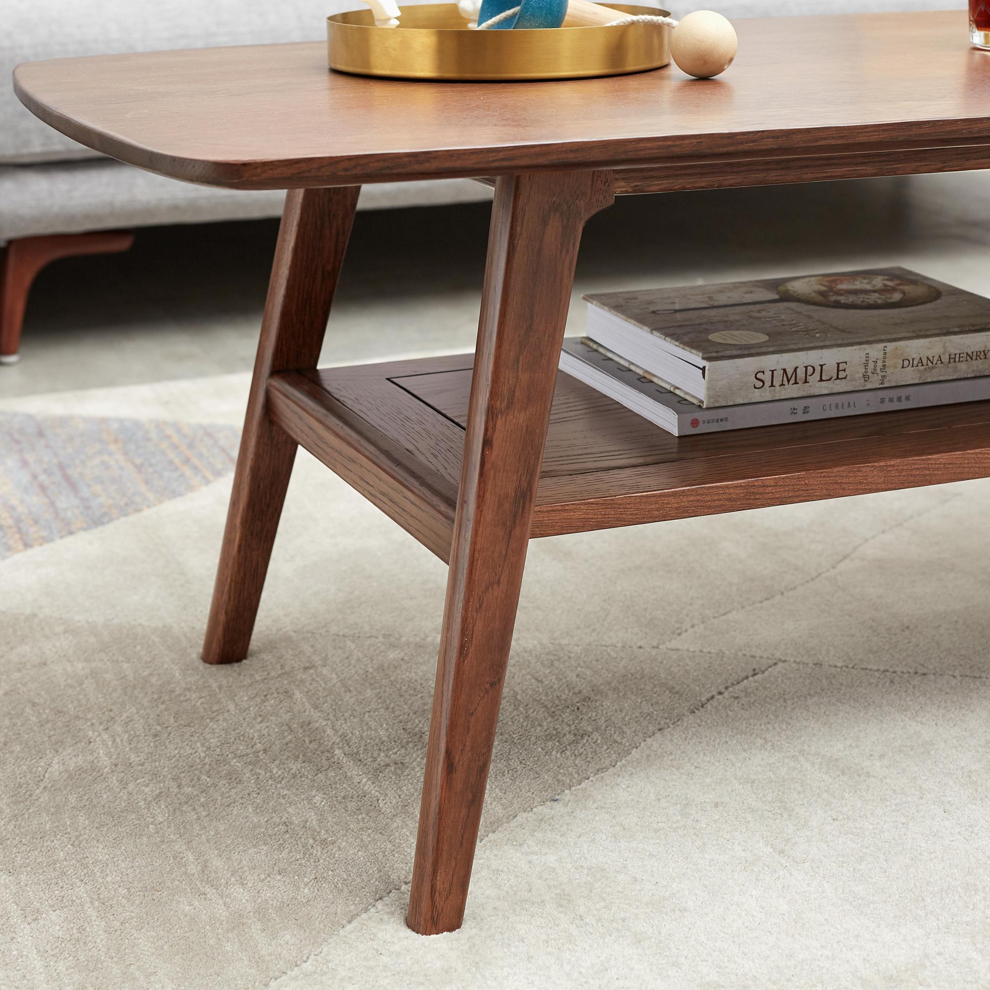 Practical Coffee Table with 2-Tier Open Storage & Rounded Corners, Safe center table for Living Area, 39.5″ L x 19.5″ W x 17.5″ H, Walnut