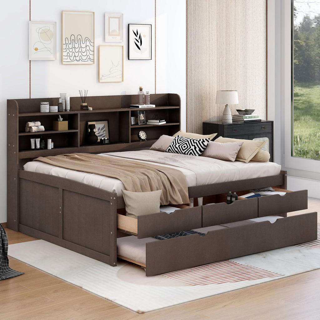 Classic Style Full Size Wooden Captain Bed with Built-in Bookshelves, 3 Storage Drawers, Trundle, 79" L x 104.5" W x 47" H, Antique Gray
