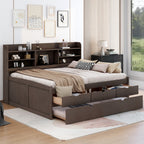 Classic Style Full Size Wooden Captain Bed with Built-in Bookshelves, 3 Storage Drawers, Trundle, 79" L x 104.5" W x 47" H, Antique Gray