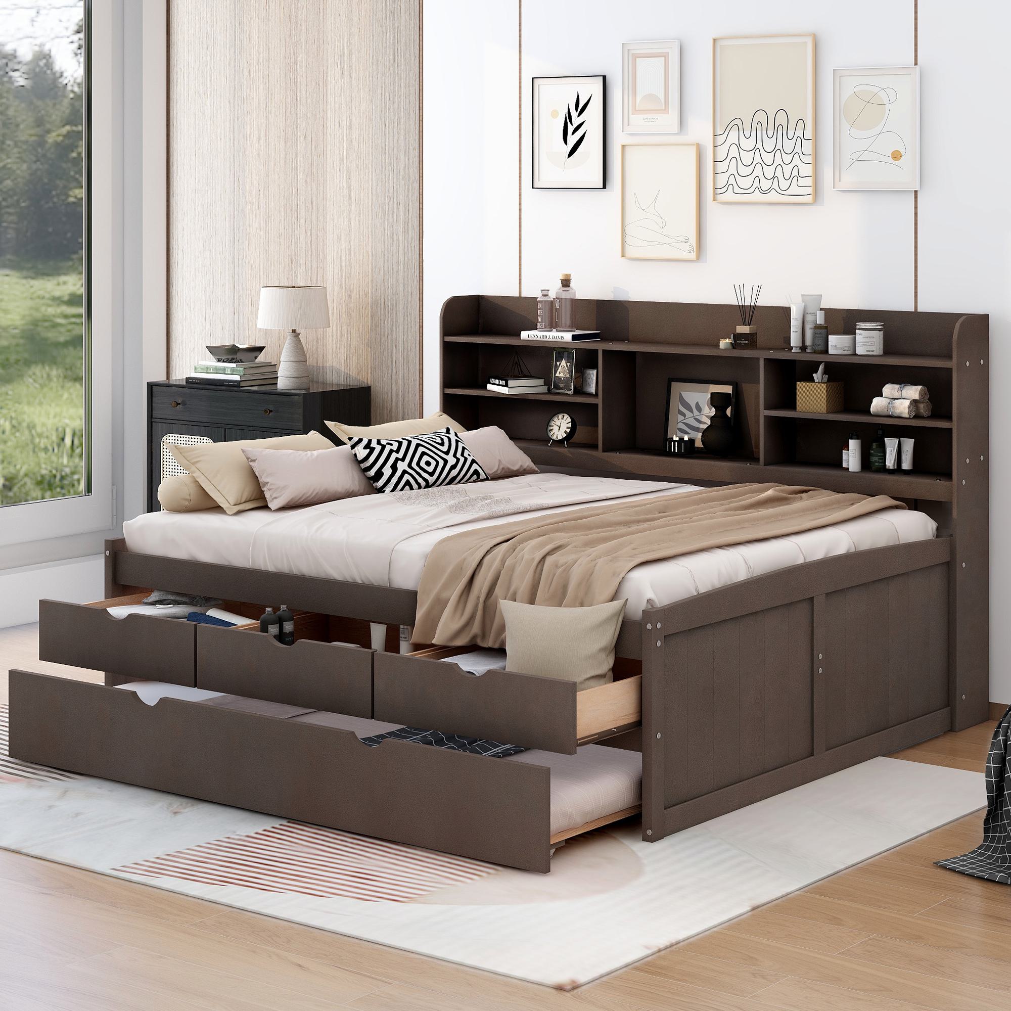 Classic Style Full Size Wooden Captain Bed with Built-in Bookshelves, 3 Storage Drawers, Trundle, 79" L x 104.5" W x 47" H, Antique Gray