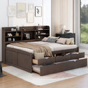 Classic Style Full Size Wooden Captain Bed with Built-in Bookshelves, 3 Storage Drawers, Trundle, 79" L x 104.5" W x 47" H, Antique Gray