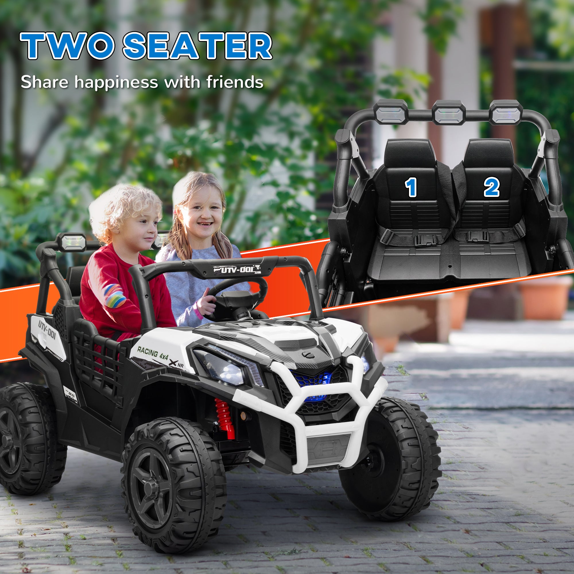 2 Seater 24V Kids Electric Car w/ Remote Control, 3 Speed, LED Lights, Music, Horn, Spring Suspension, Slow Start, White