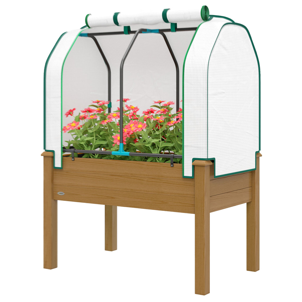 Raised Garden Bed with PE Greenhouse Cover Outdoor Planter Box for Herbs and Vegetables, 35 x 22 x 47 inch, Brown