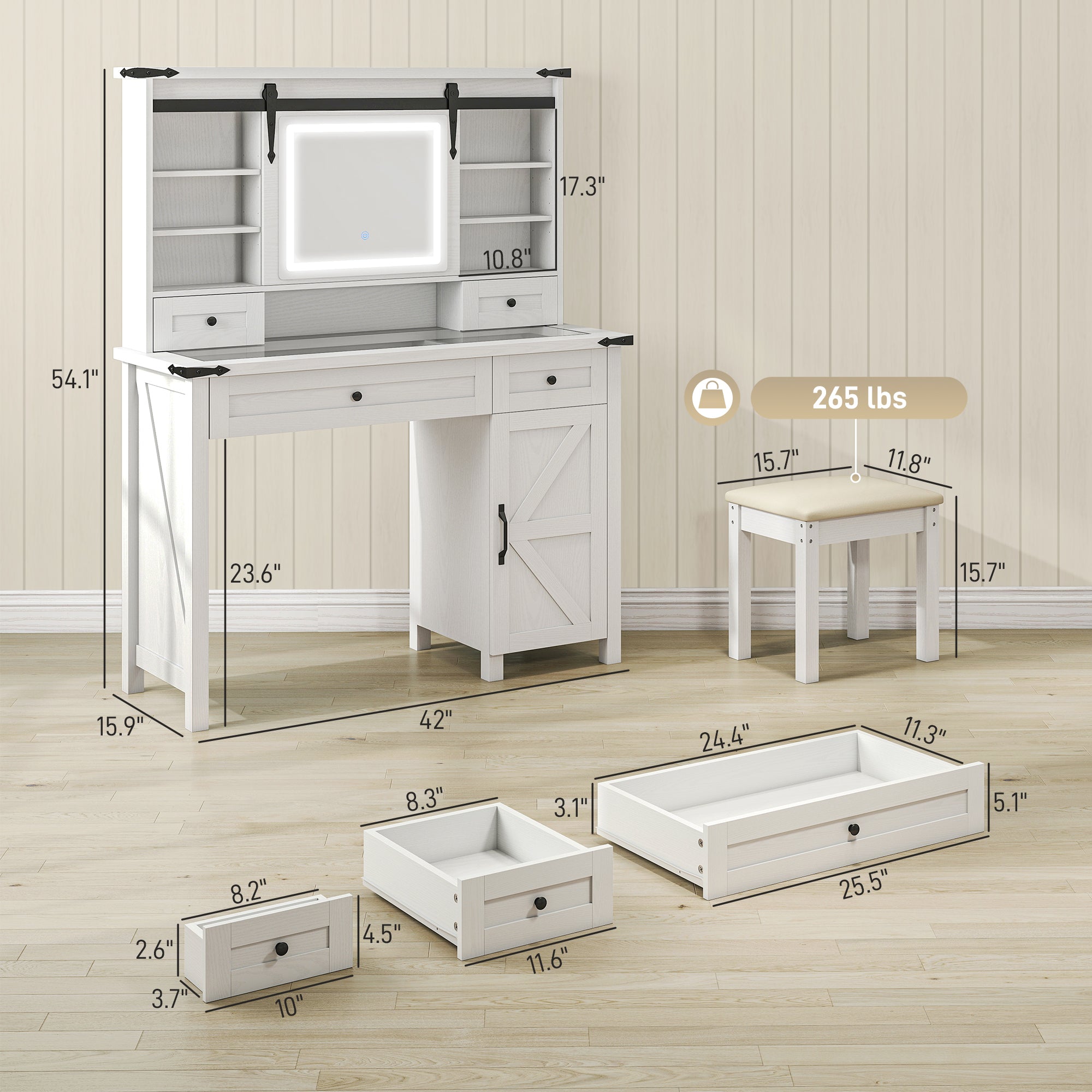 Vanity Desk Set with Mirror and Lights, Cushioned Stool, Storage Drawer, Cabinet, Shelves for Bedroom, White
