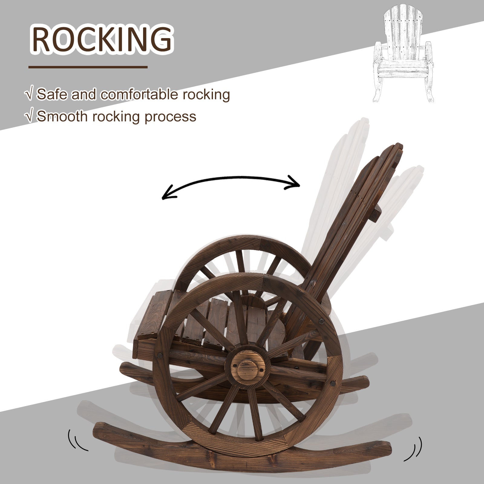Wooden Rocking Chair, Adirondack Rocker Chair w/Slatted Design and Oversized Back, Outdoor Rocking Chair with Wagon Wheel Armrest for Porch, Poolside, and Garden, Carbonized