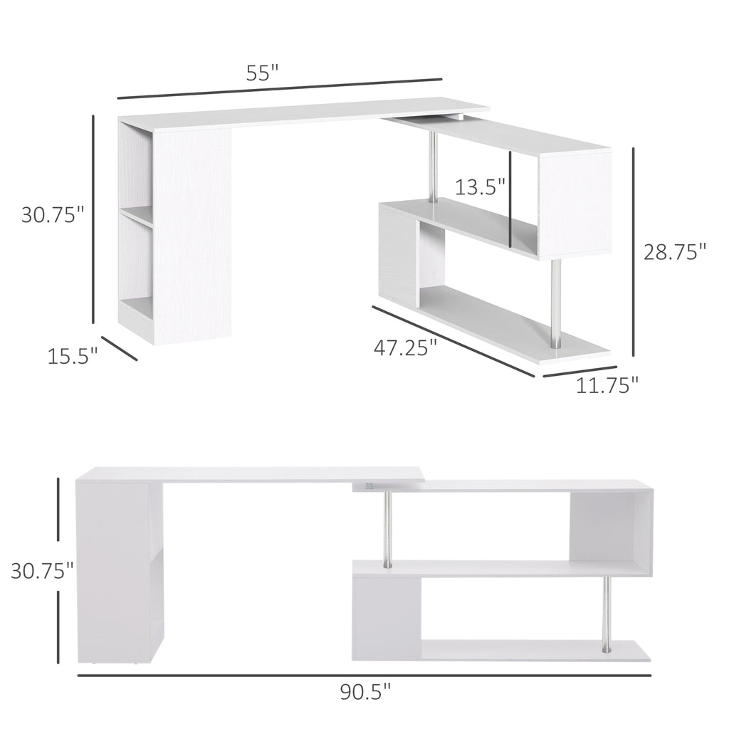 55" 360° Rotating Corner Computer Desk Modern L-Shaped Home Office Workstation with 3-Tier Storage Shelves, Bookshelf, White