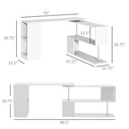 55" 360° Rotating Corner Computer Desk Modern L-Shaped Home Office Workstation with 3-Tier Storage Shelves, Bookshelf, White