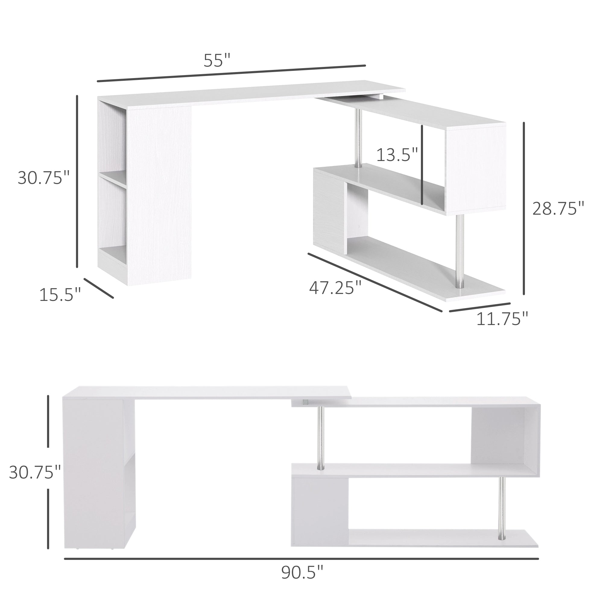 55" 360° Rotating Corner Computer Desk Modern L-Shaped Home Office Workstation with 3-Tier Storage Shelves, Bookshelf, White