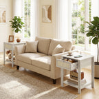 Boho Side Tables Set of 2 with Charging Station, End Tables with Drawer and Open Shelf for Living Room, Natural Wood