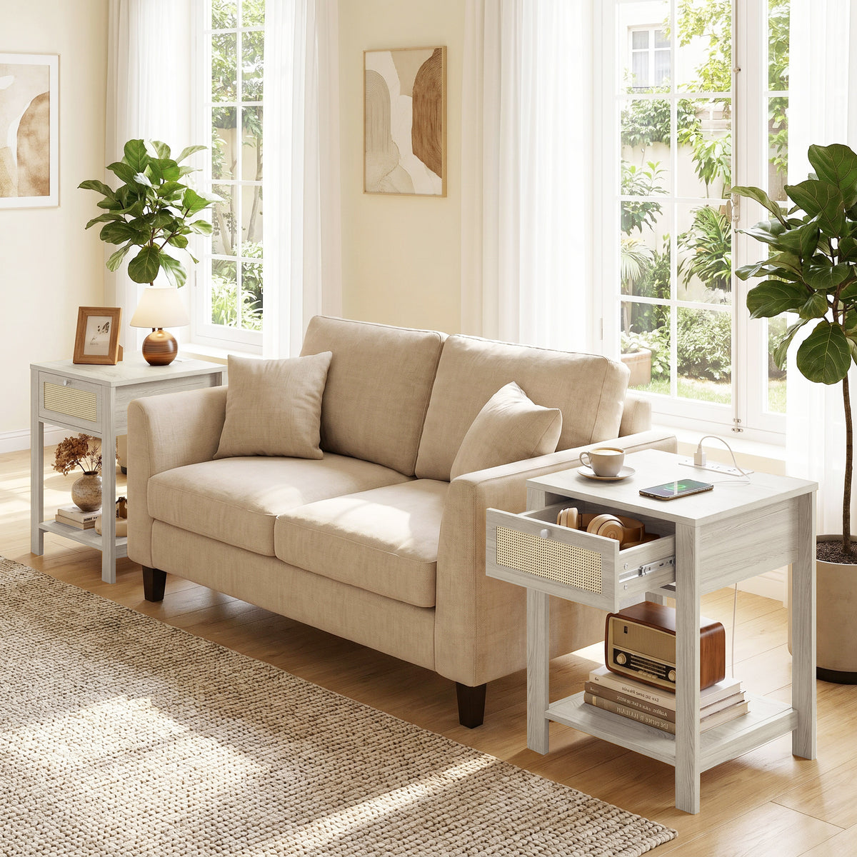 Boho Side Tables Set of 2 with Charging Station, End Tables with Drawer and Open Shelf for Living Room, Natural Wood