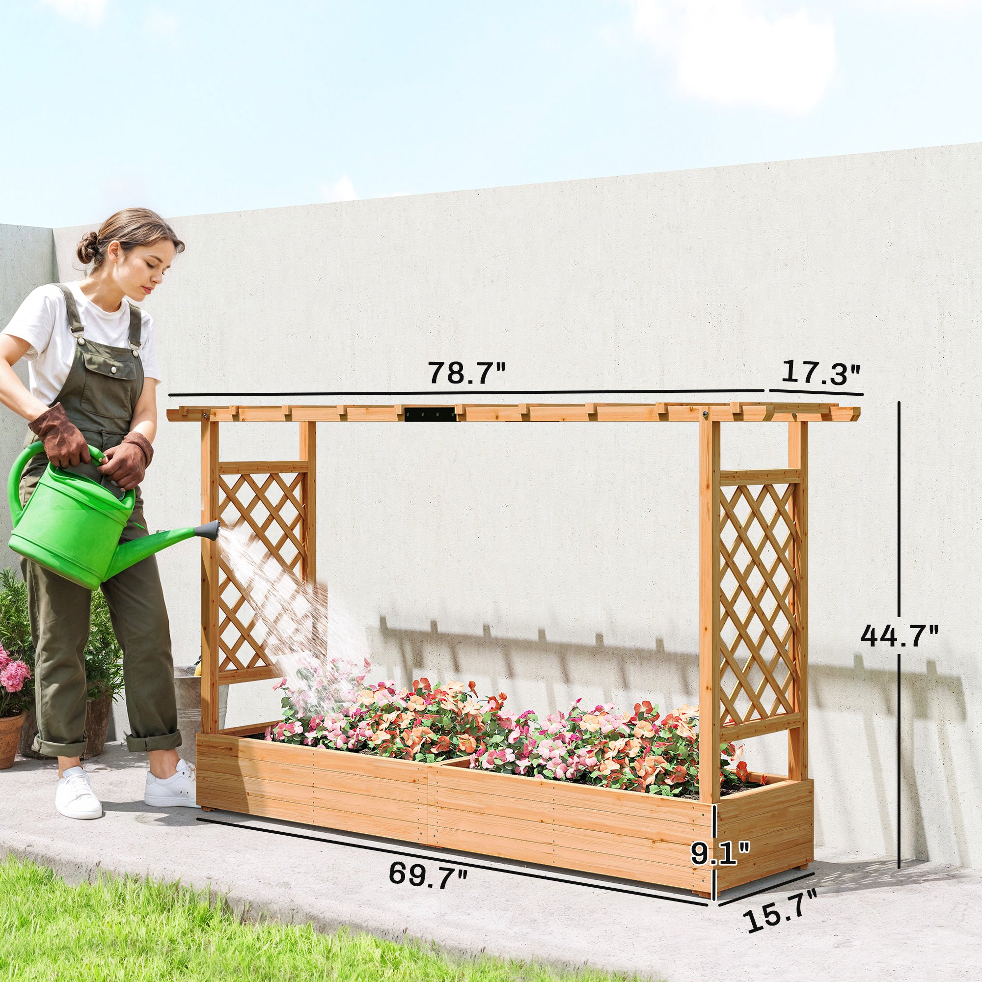 Wooden Planter Box with Trellis, Hanging Roof and Drainage Holes for Climbing Plants, Vegetables, Herbs and Flowers