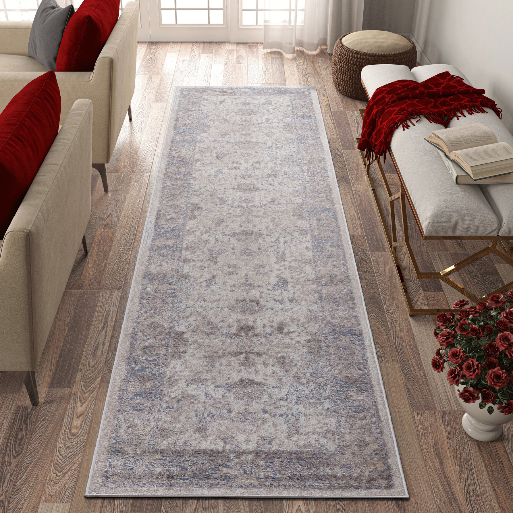 Naar 2x8 Stain-Resistant Area Rug with Cotton Backing, Medium Pile Height, Stylish Kid and Pet-Friendly Carpet, 96" L x 26" W x 0.3" H, Brown+Beige