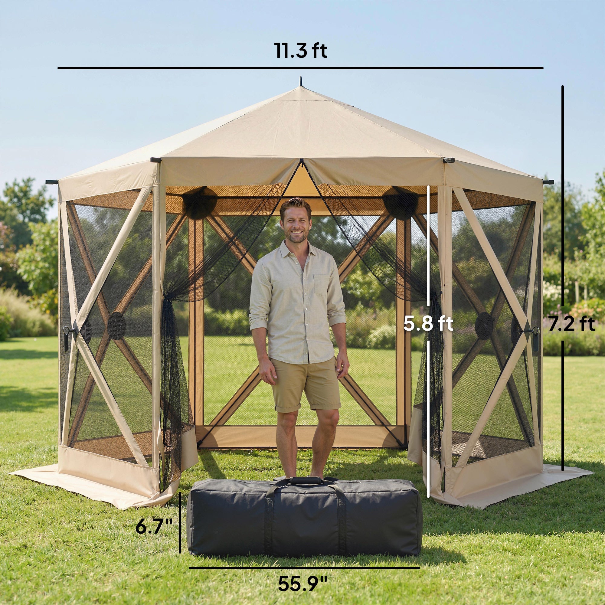 10 x 11 ft Pop Up Gazebo Screen Tent, Portable Instant Camping Canopy Screen House with Nettings, Carry Bag, Beige