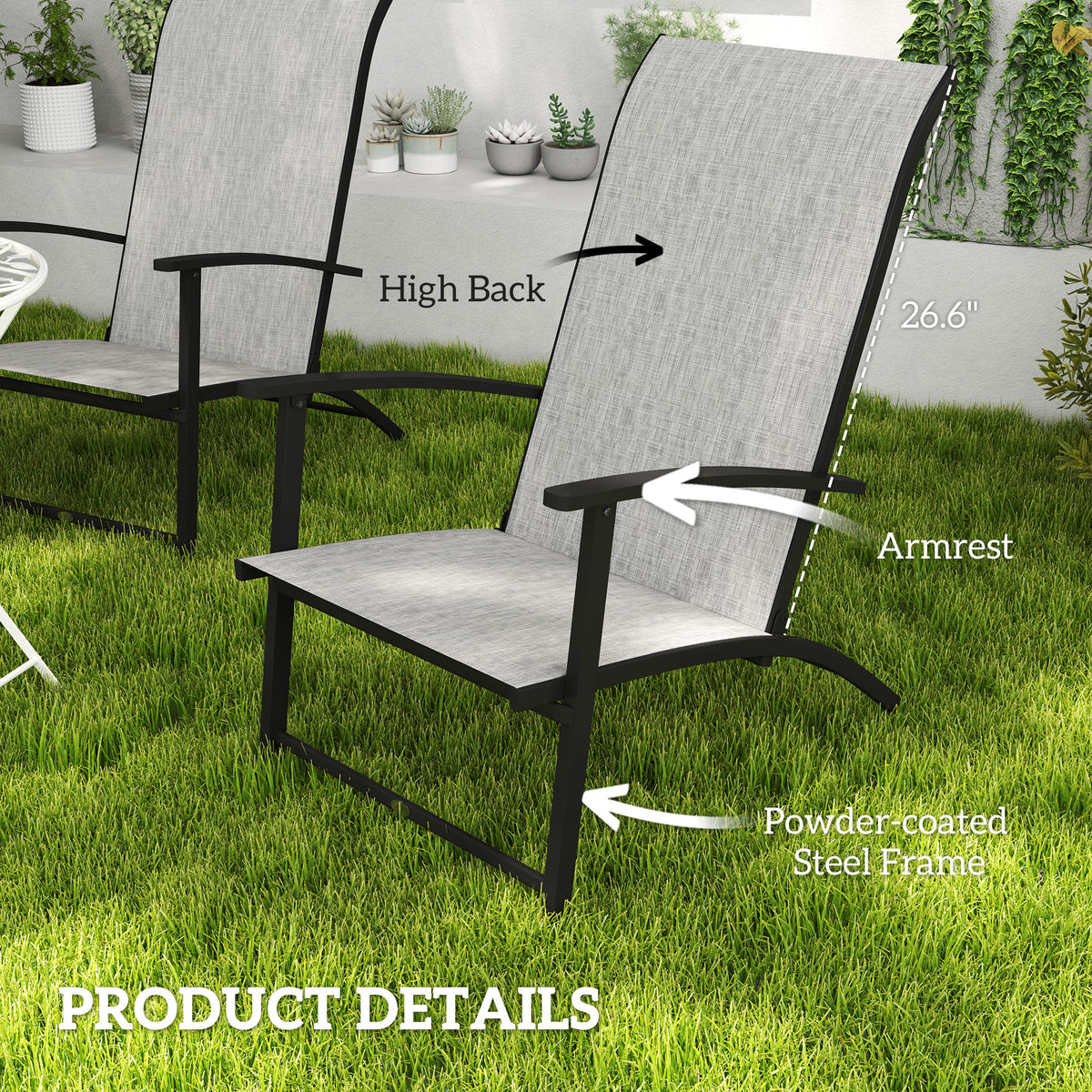Set of 2 Outdoor Dining Chairs with High Back, Armrests, Folding Patio Chairs for Patio, Lawn, Camping, Gray