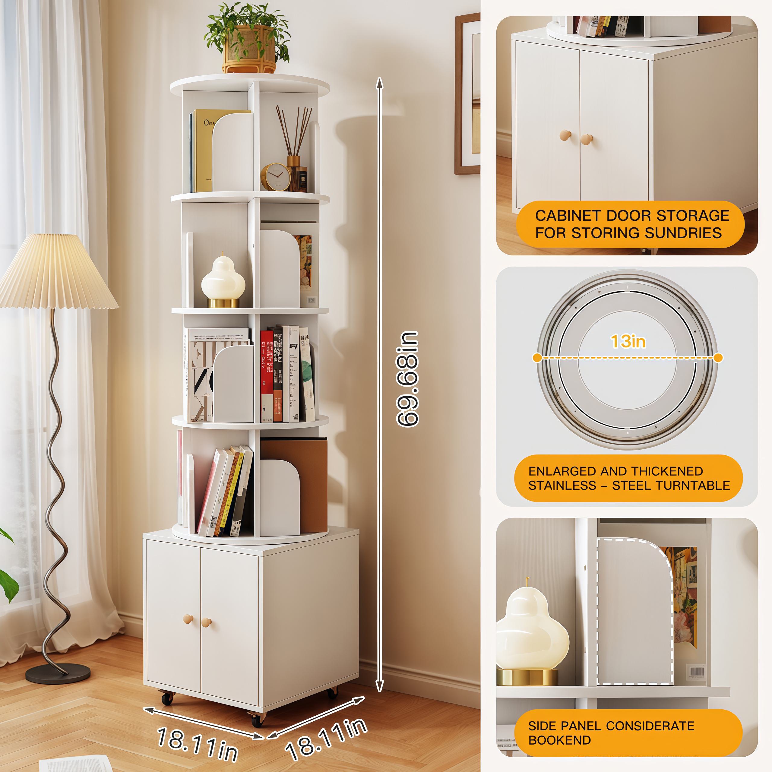 Rotating Bookshelf with Drawer and 360-Degree Display, Book Shelf Organizer for Bedroom, Living Room, 18" L x 18" W x 70" H, White