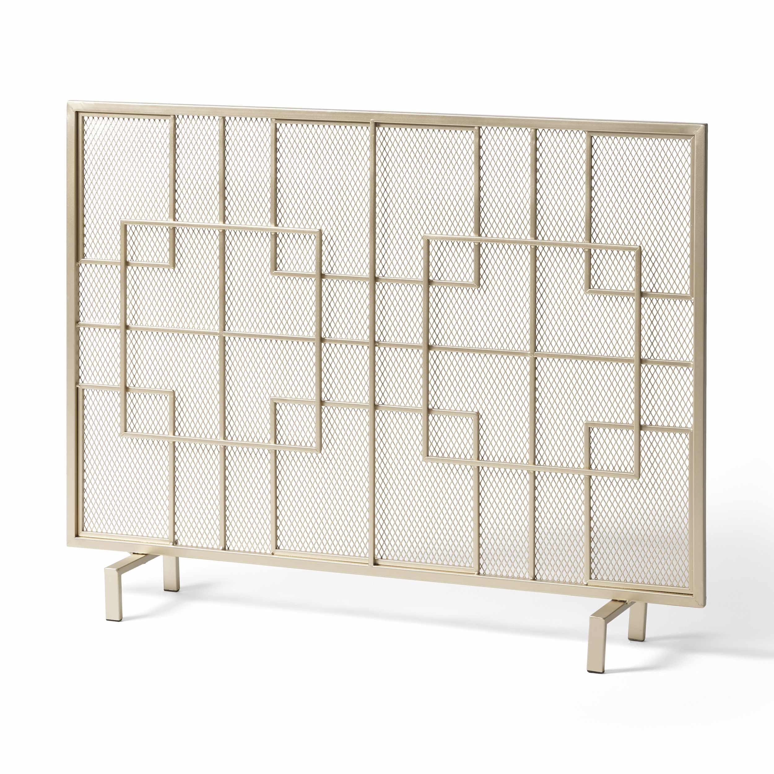Modern Iron Fire Screen with Single Panel Design and Fine Mesh, Geometric Pattern, and Easy Assembly, 41" L x 8" W x 30.75" H, Gold