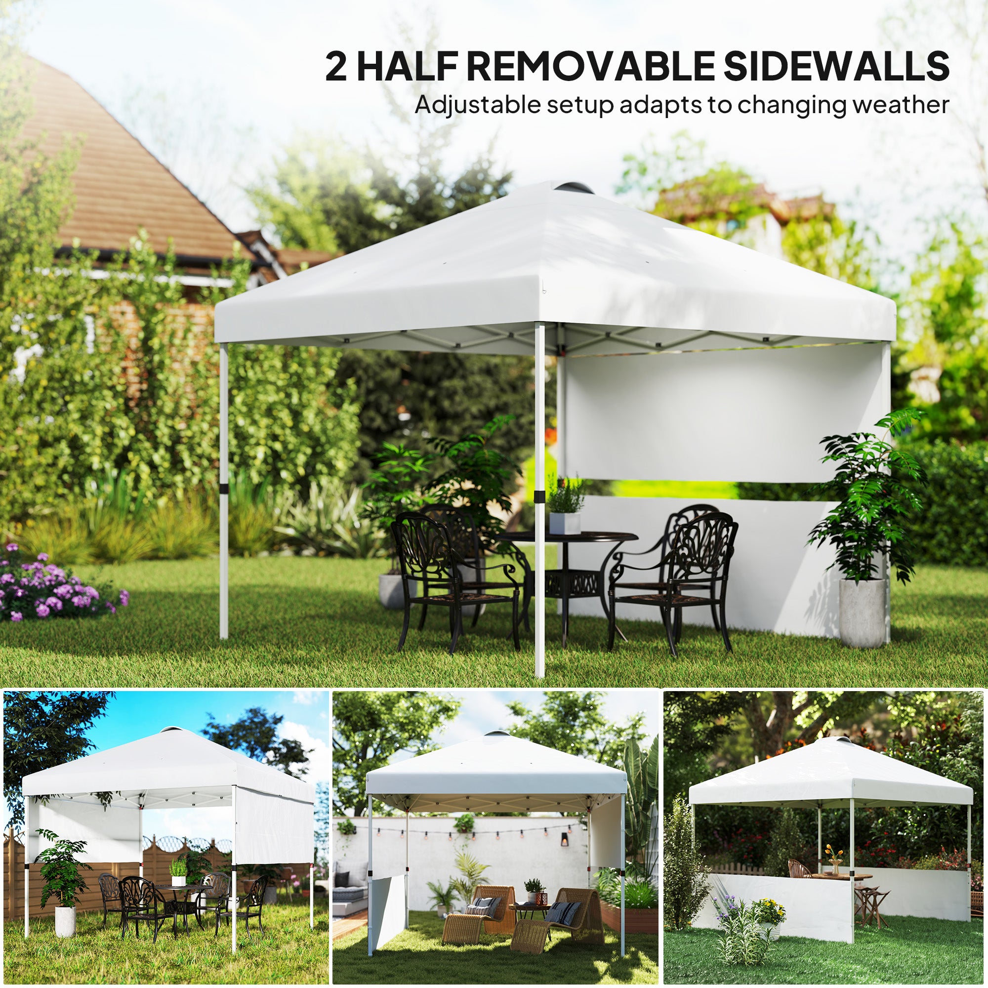 10' x 10' Pop Up Canopy Tent with 2 Half Sidewalls, UV50+ Instant Sun Shelter with Wheeled Carry Bag, White