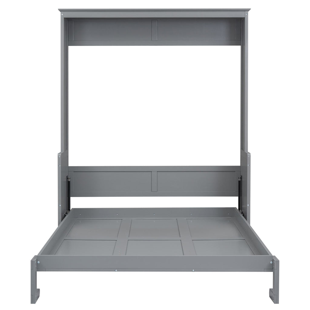 Space-Saving Design Queen Size Murphy Bed with Shelf, Solid Wood and MDF, 86" L x 69.5" W x 87" H, Gray