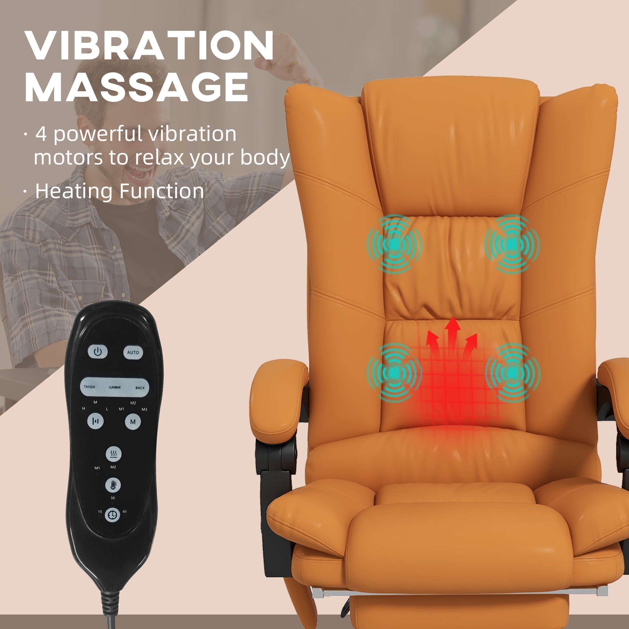 PU Leather Executive Massage Office Chair with 4 Vibration, Reclining w/ Adjustable Height, Swivel Wheels, Light Brown