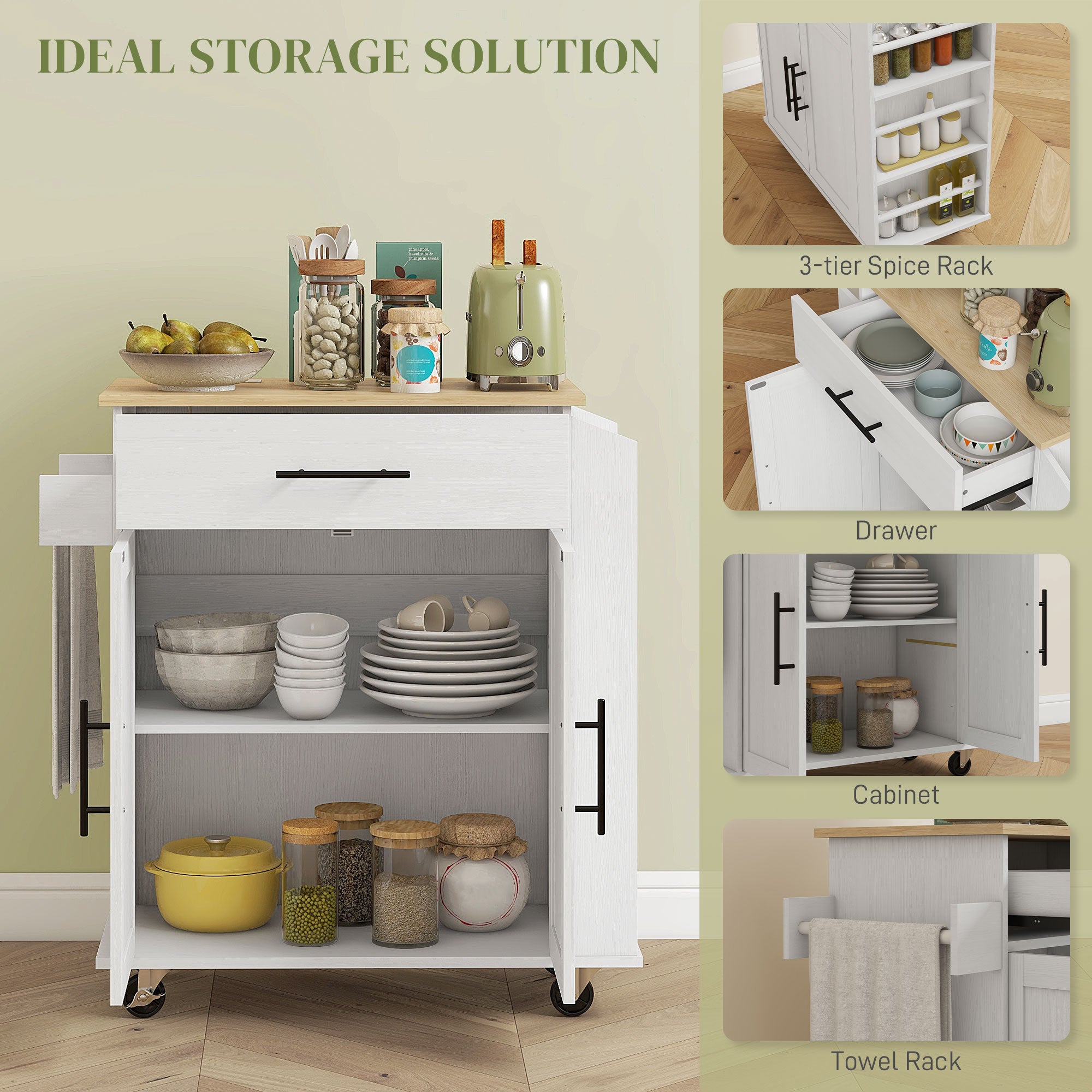 Rolling Island with Wheels for Kitchen, Kitchen Island on Rollers with Power Outlets, Drawer, and Doors, White