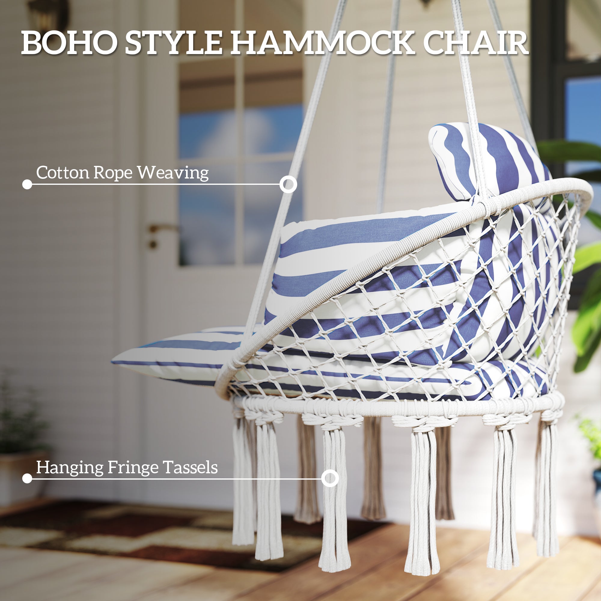 Hammock Swing Chair, Macrame Hanging Chair with Large Cushion, Chain, Steel Frame for Indoor Outdoor Use, Blue and White