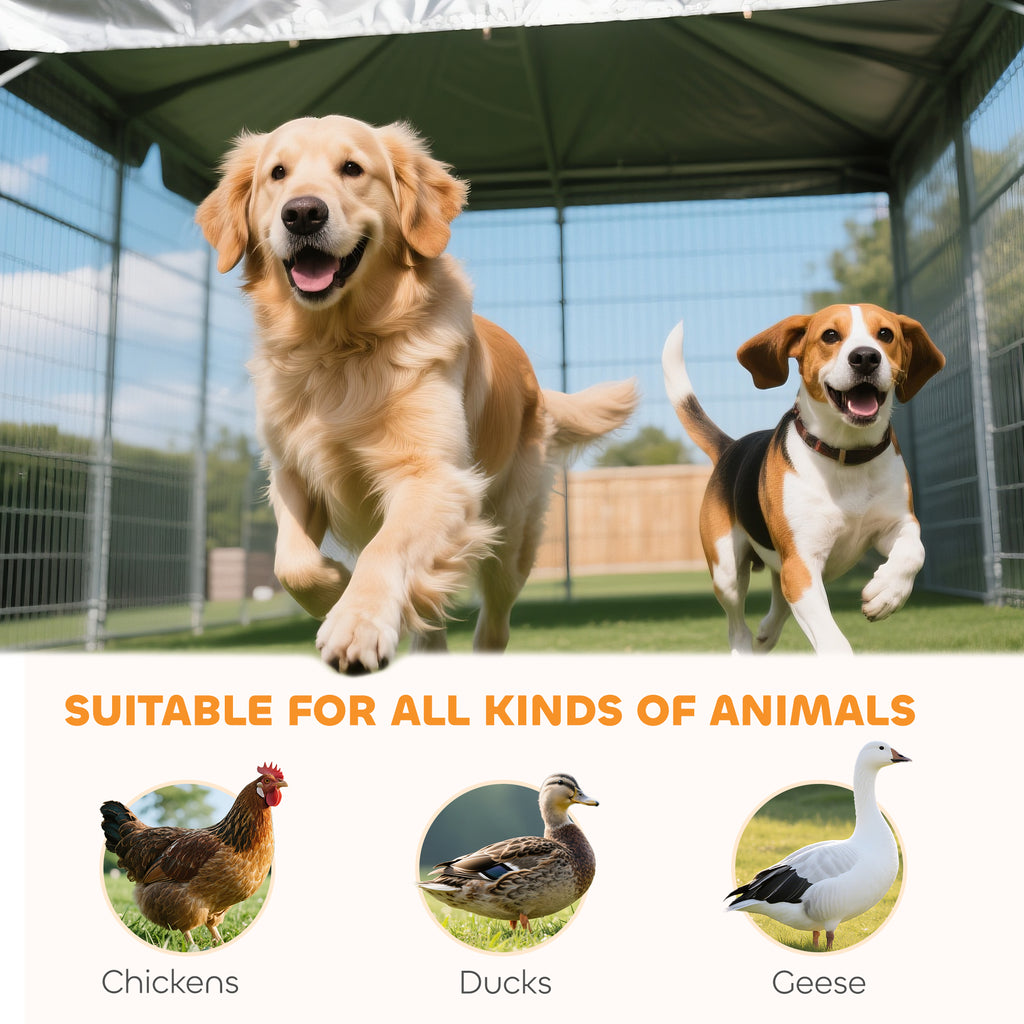 Dog Kennel Outdoor with Waterproof Canopy, Dog Run with Galvanized Chain Link, Secure Lock, for Backyard and Patio, Large and Medium Sized Breeds, Chickens, Ducks, 9.3' x 4.6' x 5.2'