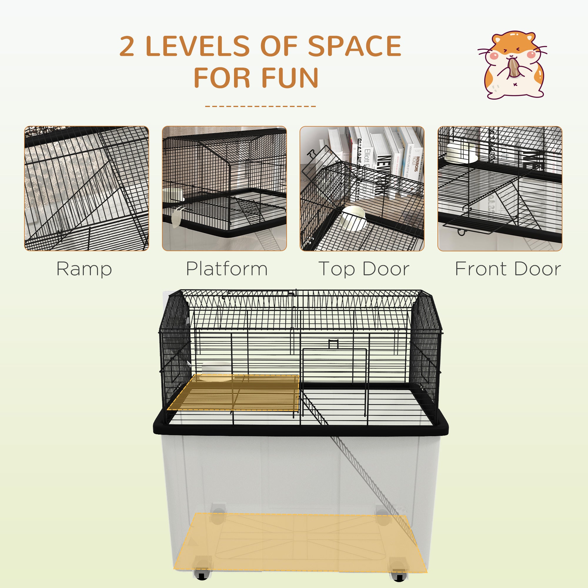 22" 2-Tier Hamster Cage with Extra-Deep 14" Base, Small Animal Cage with Ramp, Water Bottle, Food Dish, Wheels, Black