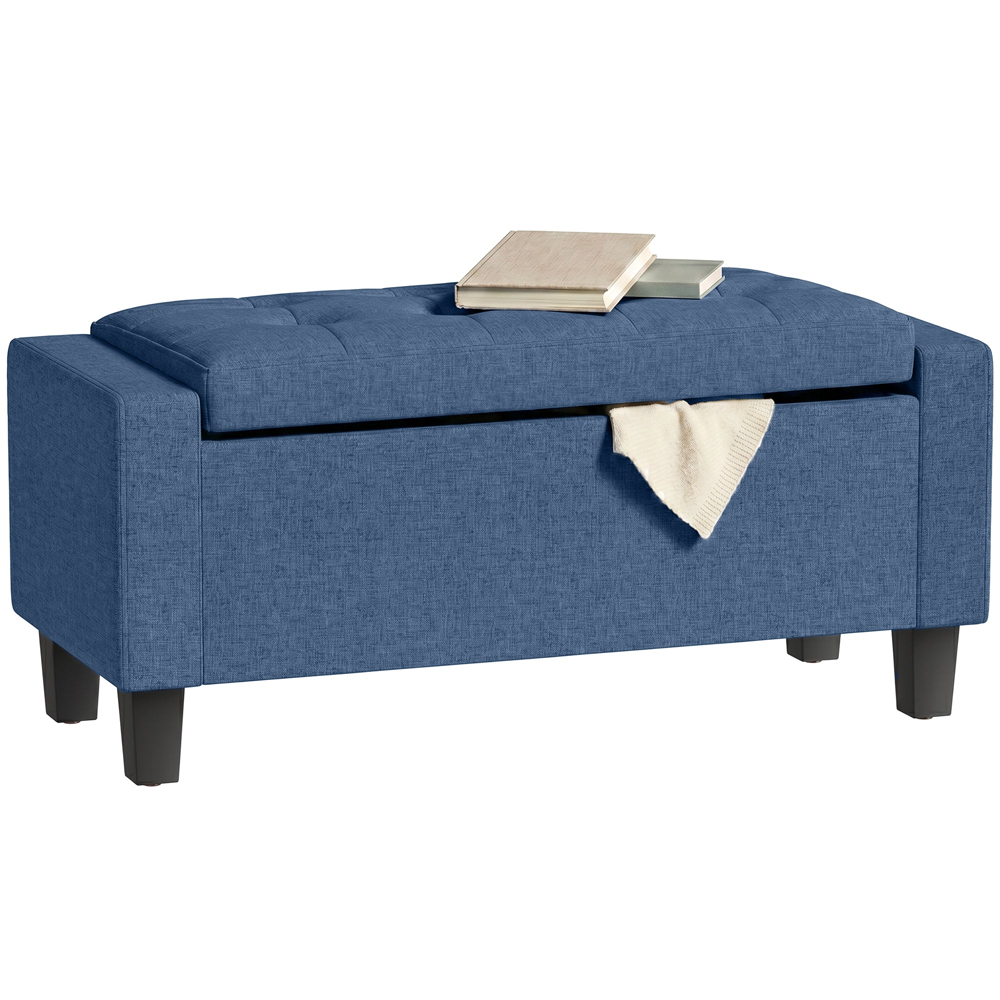 Storage Ottoman, Storage Bench with Wooden Legs, Tufted Armrests for Entryway, Living Room, Bedroom, 36.6", Blue