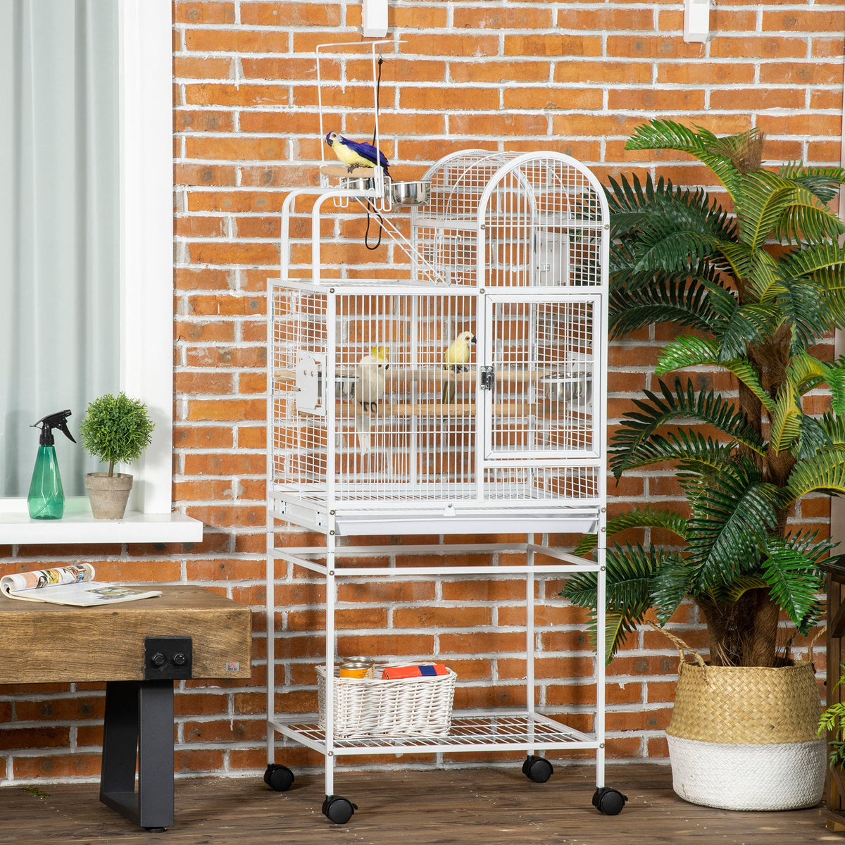55" Large Parrot Cage with Toy Hooks Above Top Bird Perch, Tray, Food Cups, Rolling Stand, Bird Cage for Cockatiels, Parakeets, Lovebirds