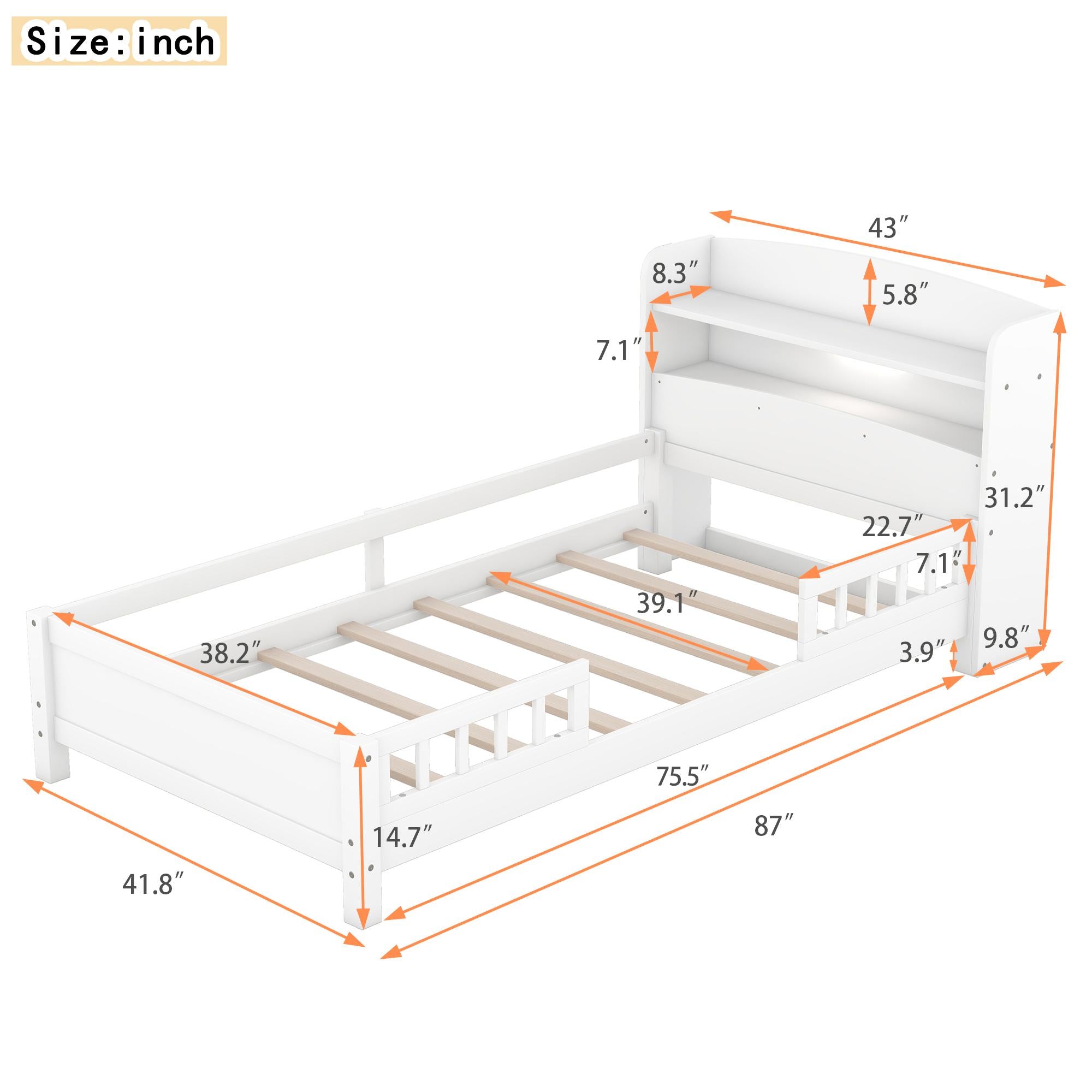 Wood Twin Size Platform Bed with Built-in LED Light, Storage Headboard, Guardrail, and Sturdy Construction, 87" L x 43" W x 31" H, White
