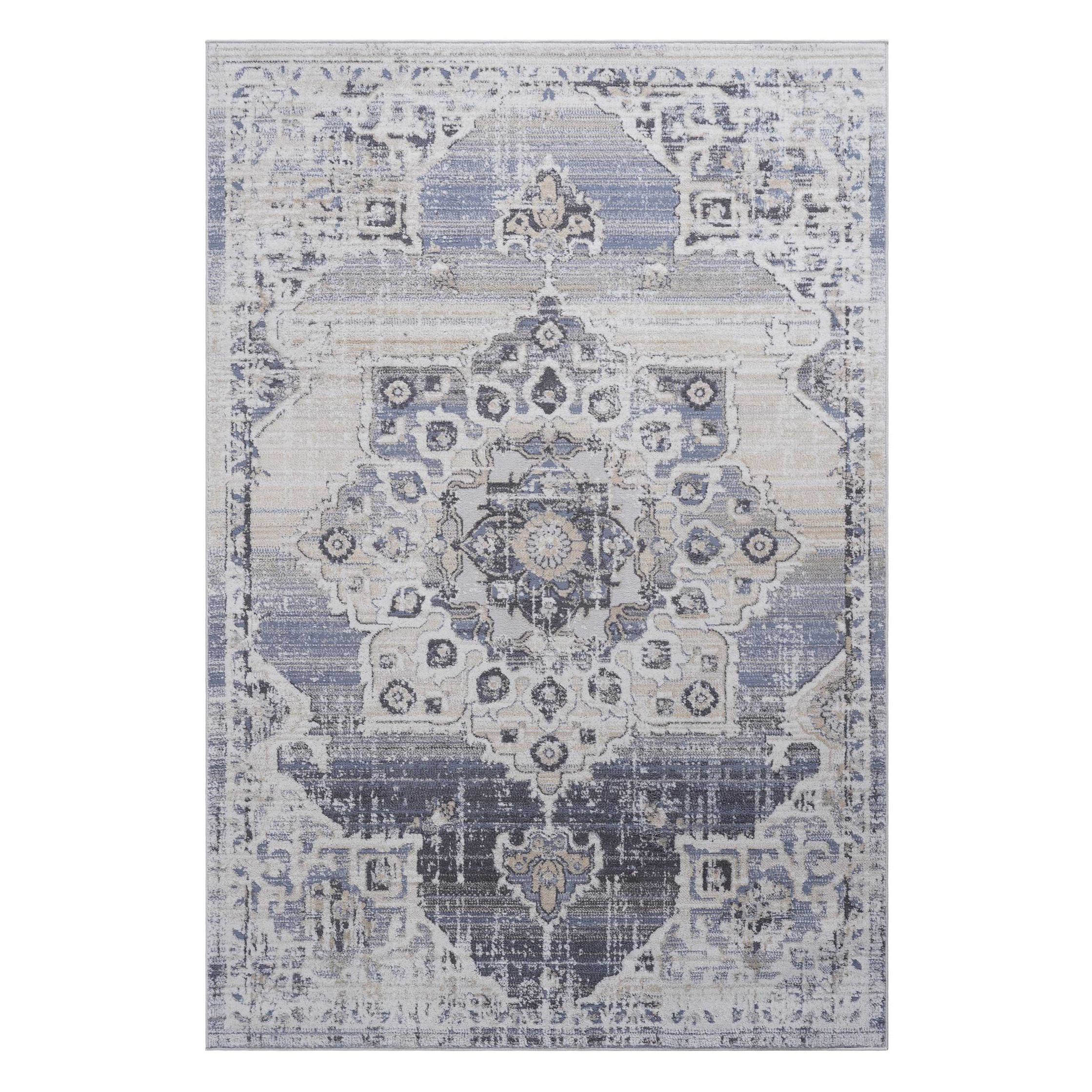 5x7 Stain-Resistant Area Rug with Cotton Backing, Medium Pile Height, Kid and Pet-Friendly Carpet, 0.3" Pile Height, 90" L x 63" W x 0.3" H, Cream+Blue