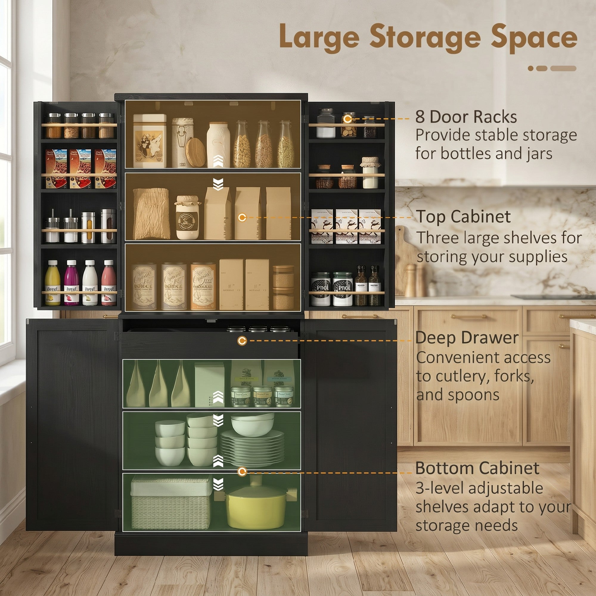 72" Tall Kitchen Pantry Cabinet, Farmhouse Storage Cabinet with 8 Door Racks and Adjustable Shelves, Black