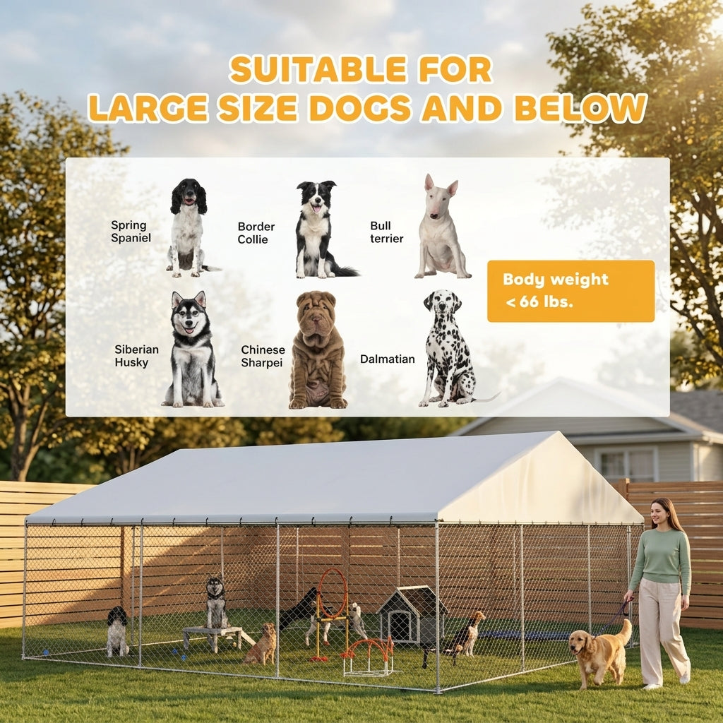 Heavy Duty Outdoor Dog Kennel with Waterproof Roof, Secure Latch, Chain Link Dog Run for Backyard, 19.7' x 19.7' x 8.9'