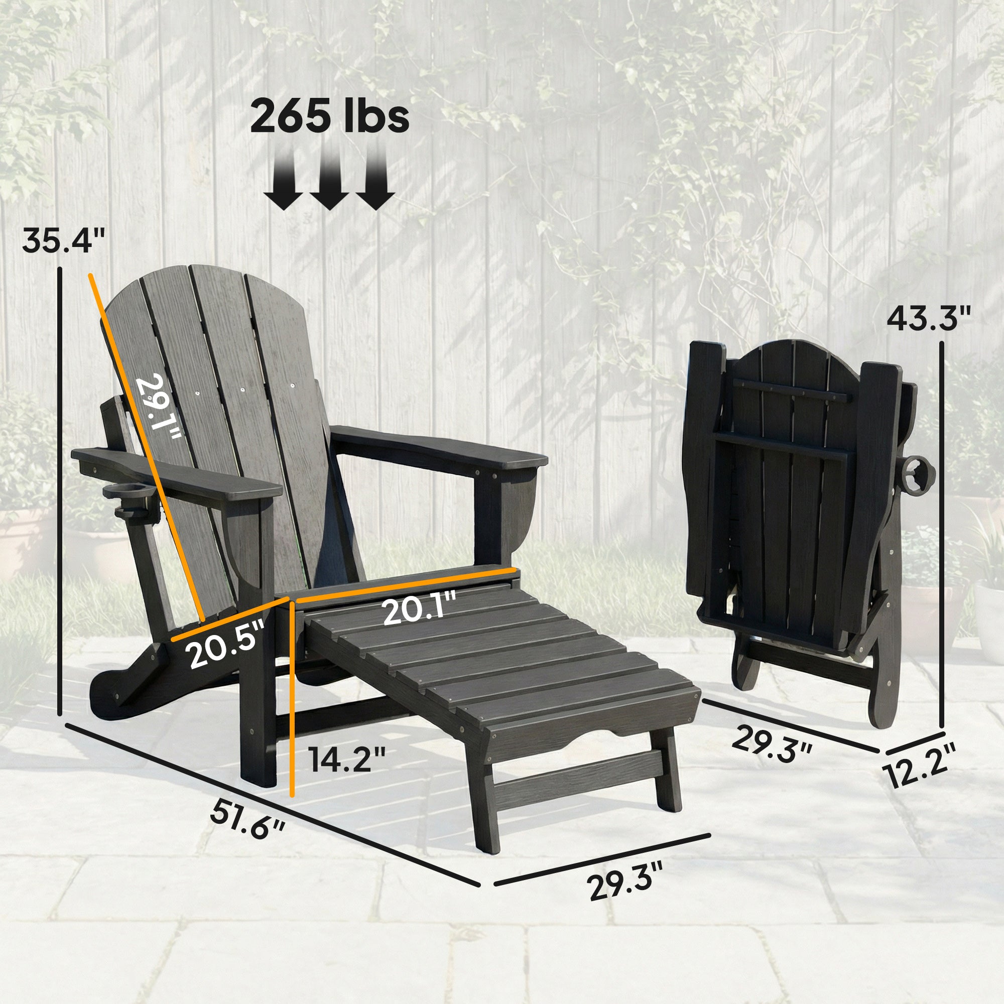 Folding Adirondack Chair Set of 2, HDPE Fire Pit Chair with Retractable Ottoman and Cup Holder, Black