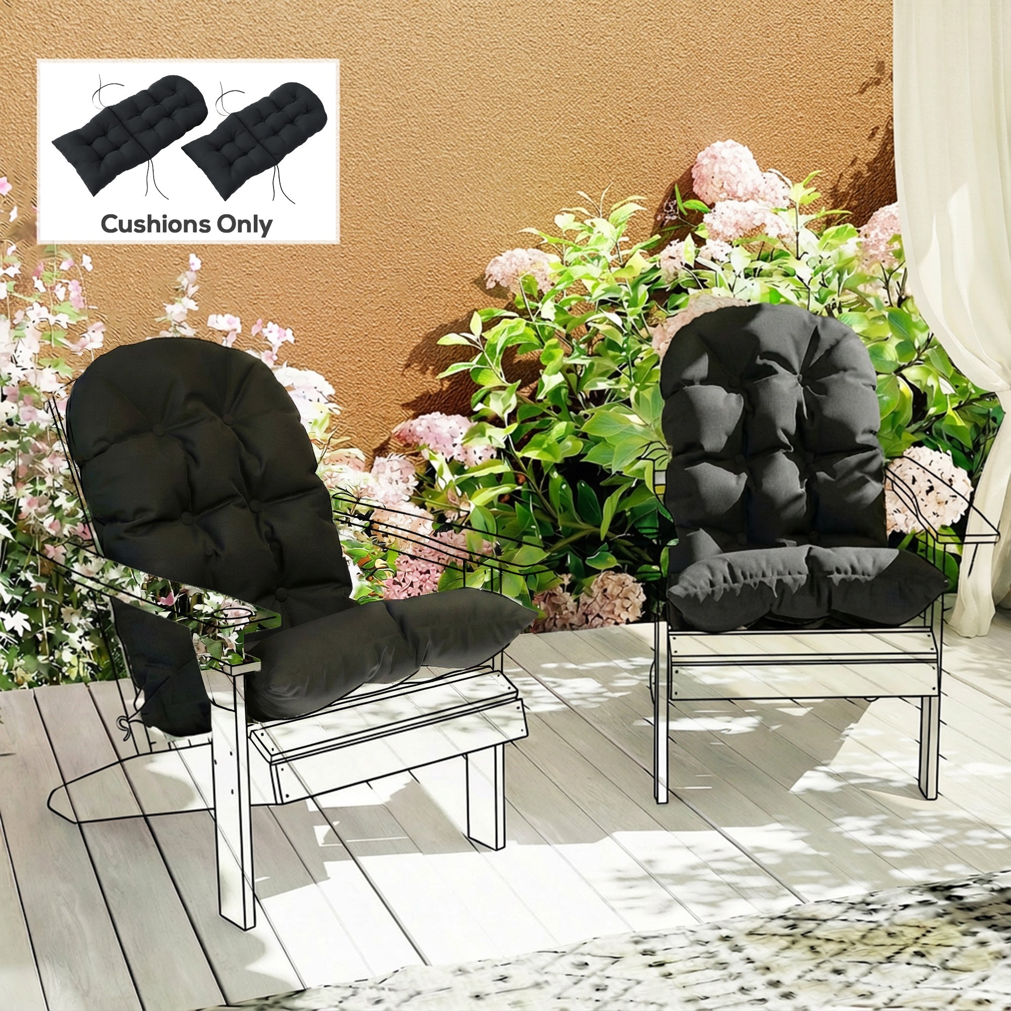 Outdoor Adirondack Chair Cushions Set of 2, Tufted High Back Patio Chair Cushions, Black