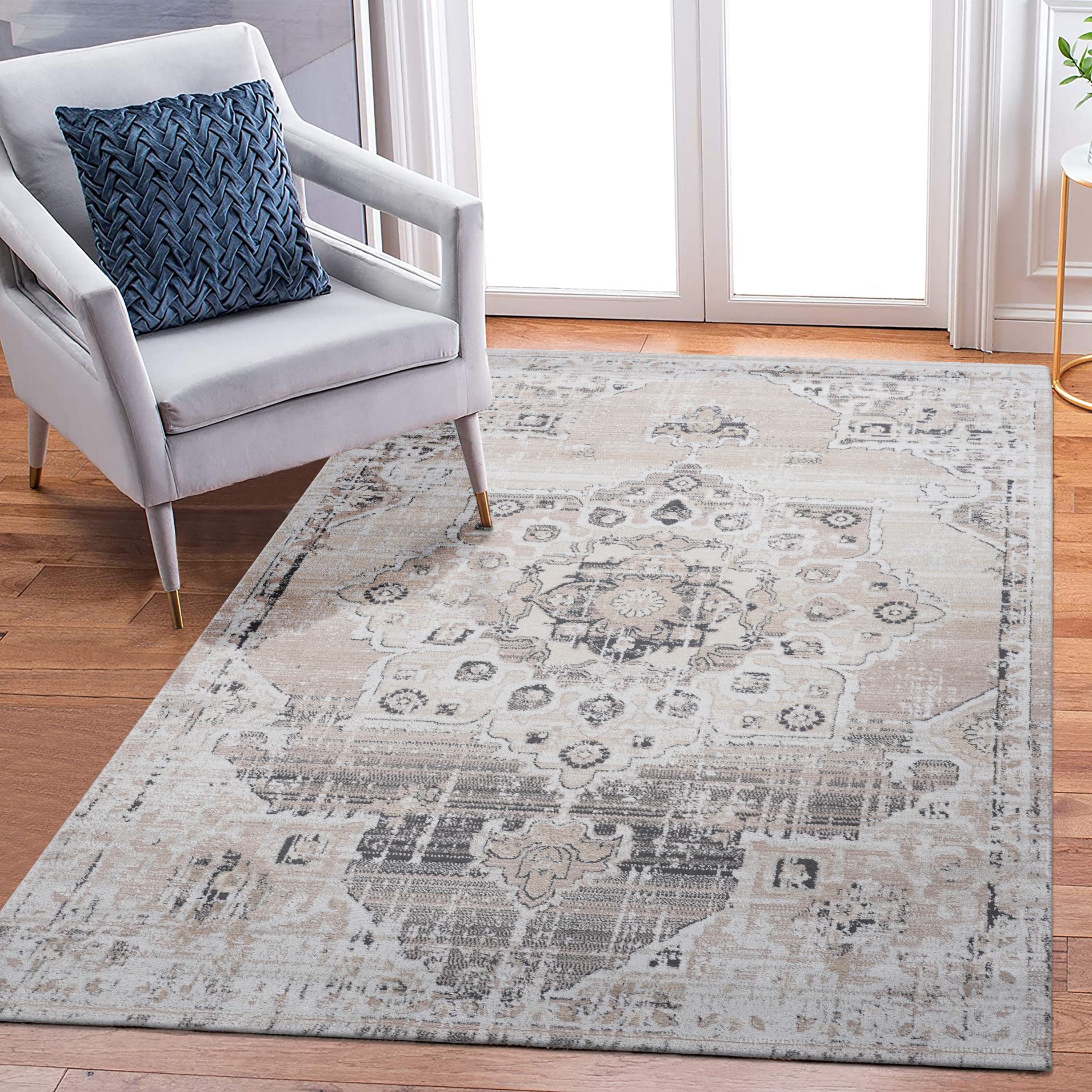 Naar 8x10 Medallion Stain-Resistant Area Rug with Cotton Backing, Medium Pile Height, Kid and Pet-Friendly Carpet, 120" L x 93" W x 0.3" H, Cream