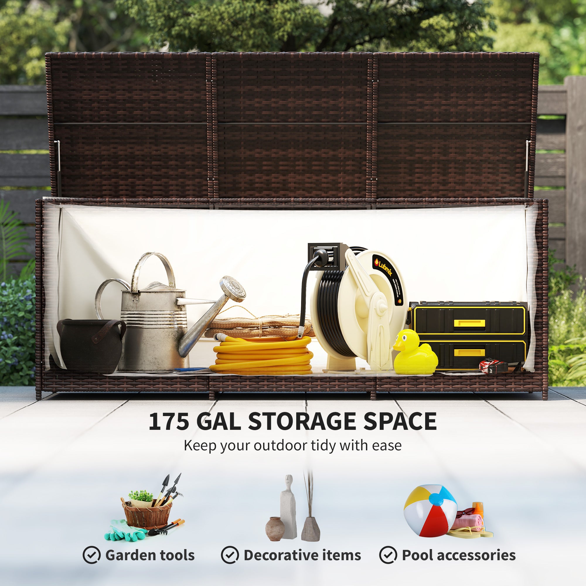 175 Gallon Outdoor Storage Box with Inner Liner, PE Rattan Wicker Deck Box with Pneumatic Bar Lift, Mixed Brown