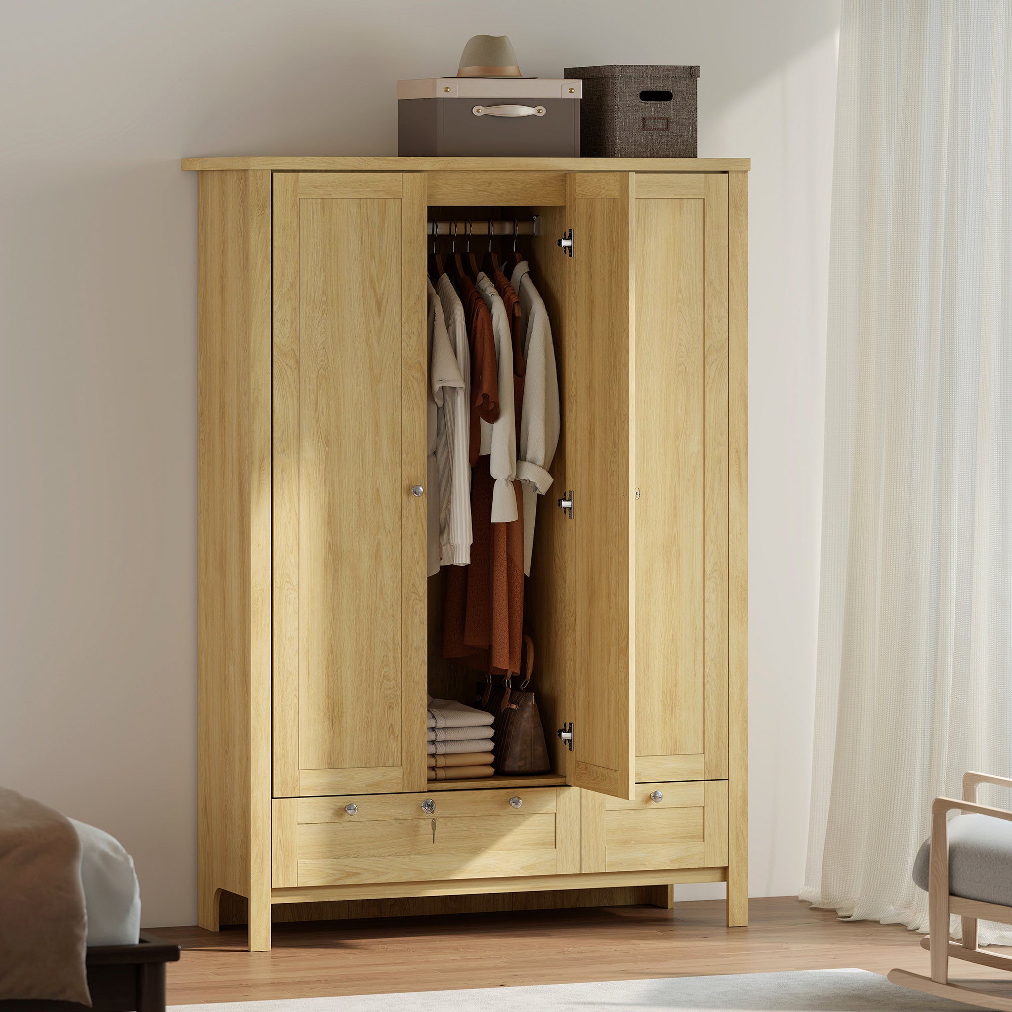 3 Doors Wardrobe Closet with 2 Drawers, Bedroom Armoire with Lockable Drawer, Hanging Rod and Storage Shelves, Natural