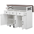 Farmhouse Kitchen Island Cart with Beaded Drape, Power Outlet, Drop Leaf, Rolling Wheels, 3 Doors, 3 Drawers, Adjustable Shelves, White