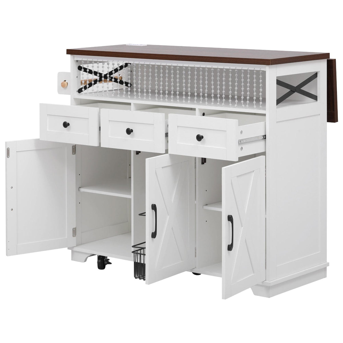 Farmhouse Kitchen Island Cart with Beaded Drape, Power Outlet, Drop Leaf, Rolling Wheels, 3 Doors, 3 Drawers, Adjustable Shelves, White