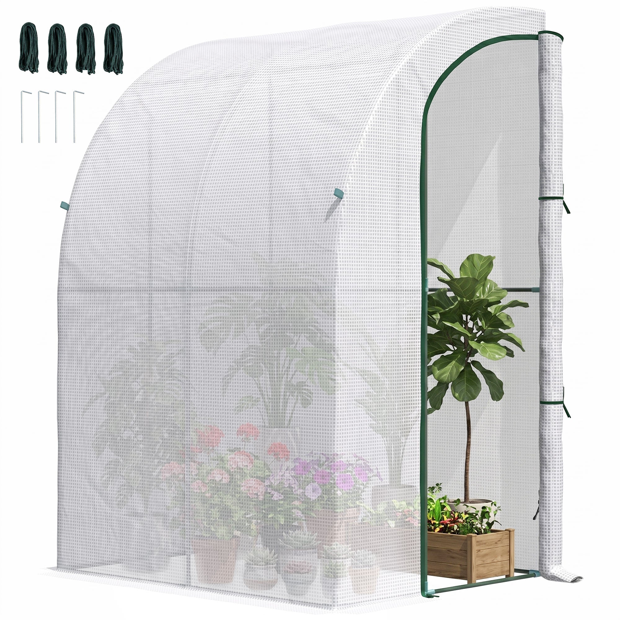 5' x 4' x 7' Outdoor Lean to Greenhouse, Walk-In Green House Plant Nursery with Roll-up Window, PE Cover, White