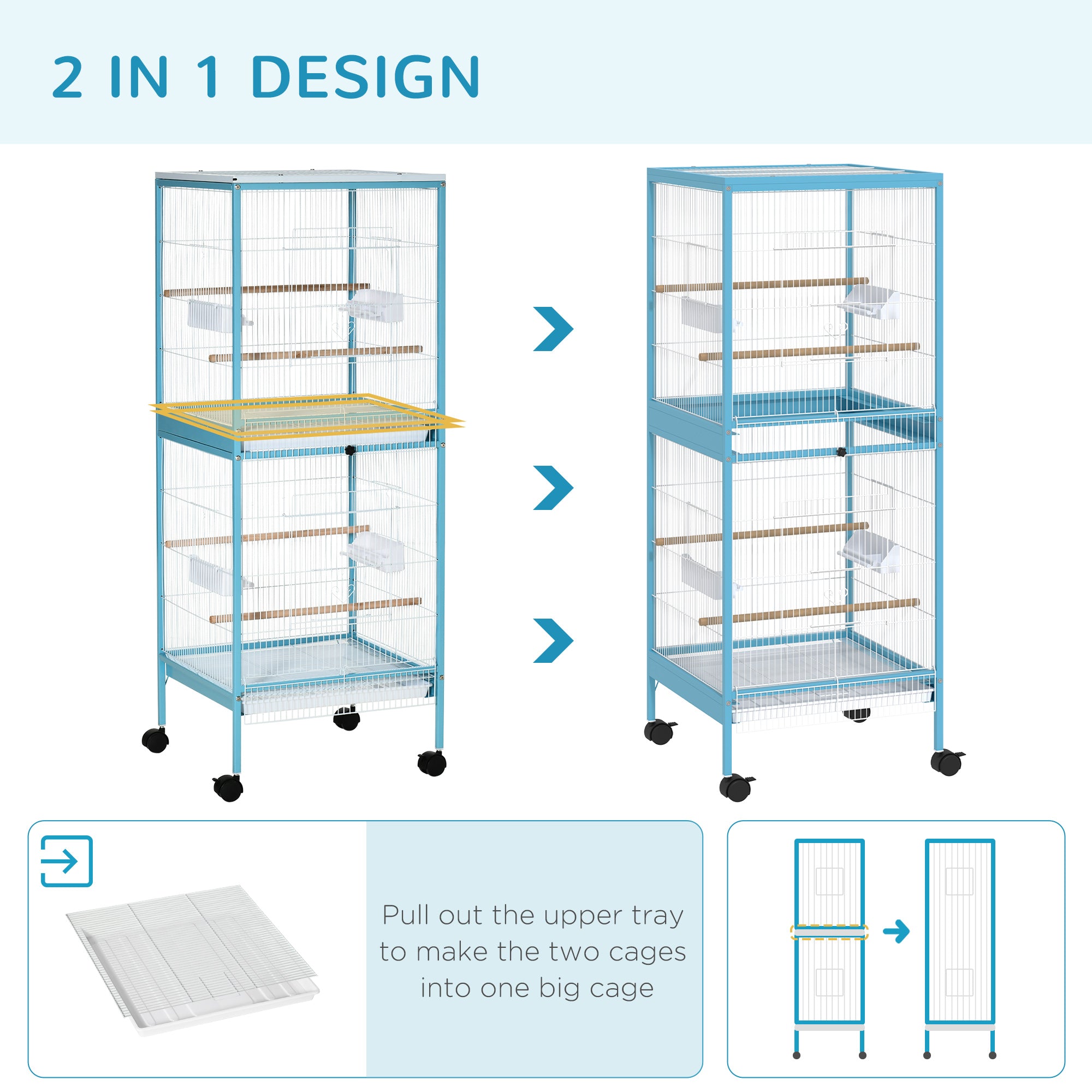 55" 2 In 1 Bird Cage Aviary Parakeet House for finches, budgies with Wheels, Light Blue