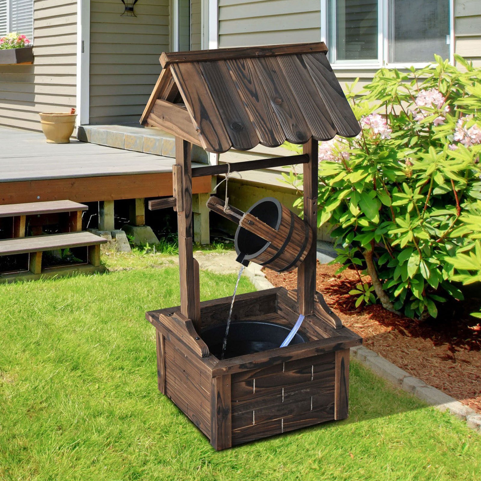 Outdoor Wooden Wishing Well Fountain with Adjustable Water Flow Rate, Rustic Waterfall Fountain, Carbonized Finish