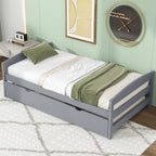 Twin Size Platform Bed with Twin Size Trundle, Headboard and Footboard, Sturdy Pine Wood Construction, 77.5" L x 40.5" W x 22" H, Gray