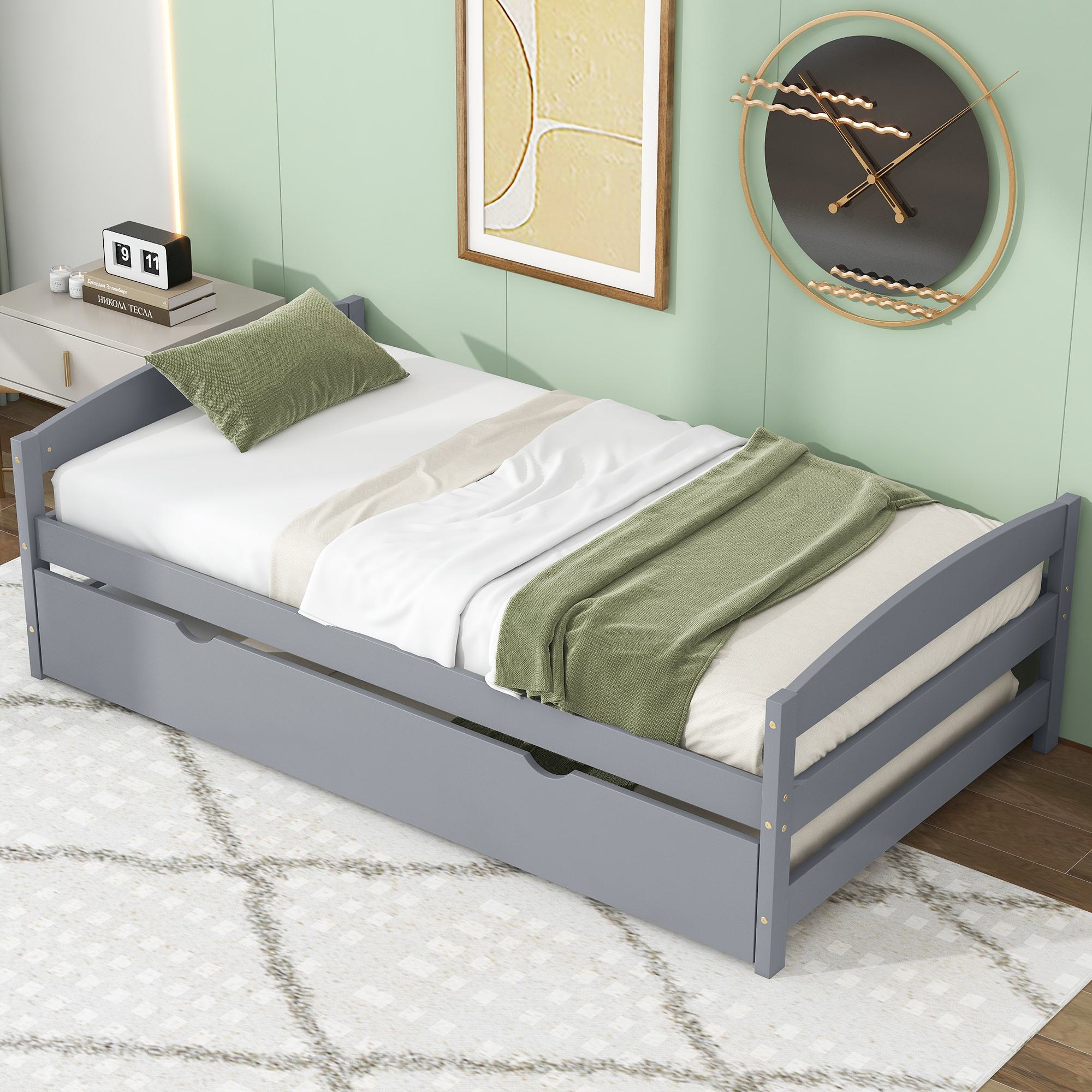 Twin Size Platform Bed with Twin Size Trundle, Headboard and Footboard, Sturdy Pine Wood Construction, 77.5" L x 40.5" W x 22" H, Gray