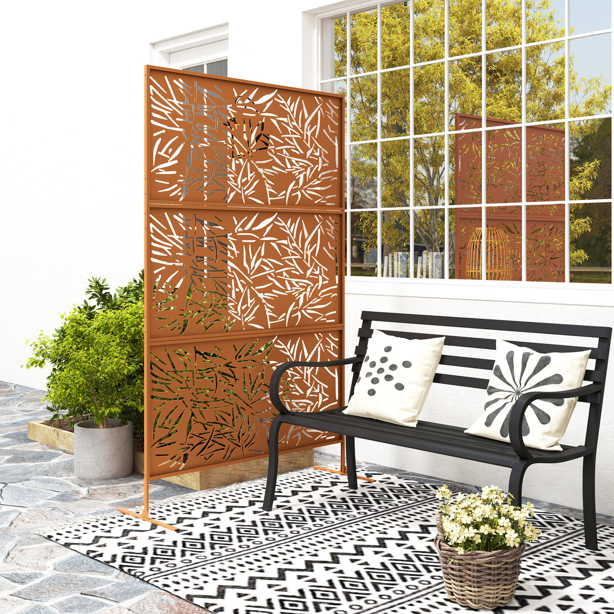 Decorative Privacy Fence Screen, Metal Outdoor Privacy Screen Climbing Plant Trellis with Stand, Bamboo Brown