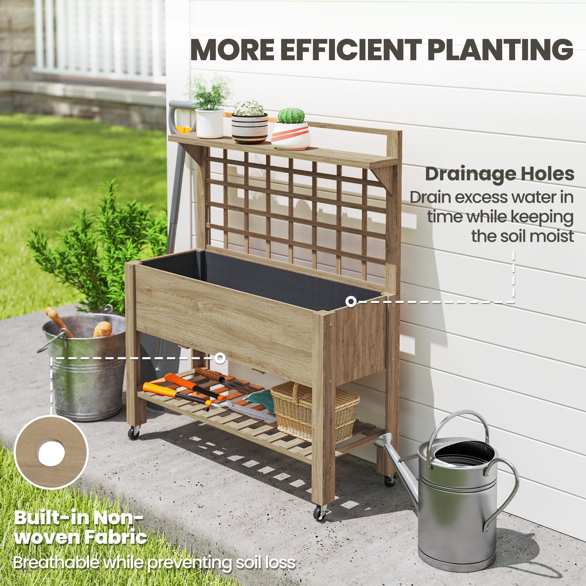41" Raised Garden Bed Mobile Elevated Wooden Planter Box Stand with Wheels, Trellis and Storage Shelf, Dark Brown